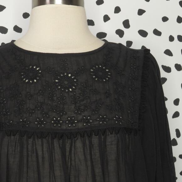 Free People Black Valencia Embroidered Boho Long Sleeve Peasant Top - Picture 5 of 10